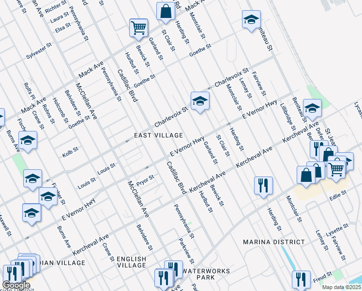 map of restaurants, bars, coffee shops, grocery stores, and more near 2280 Hurlbut Street in Detroit