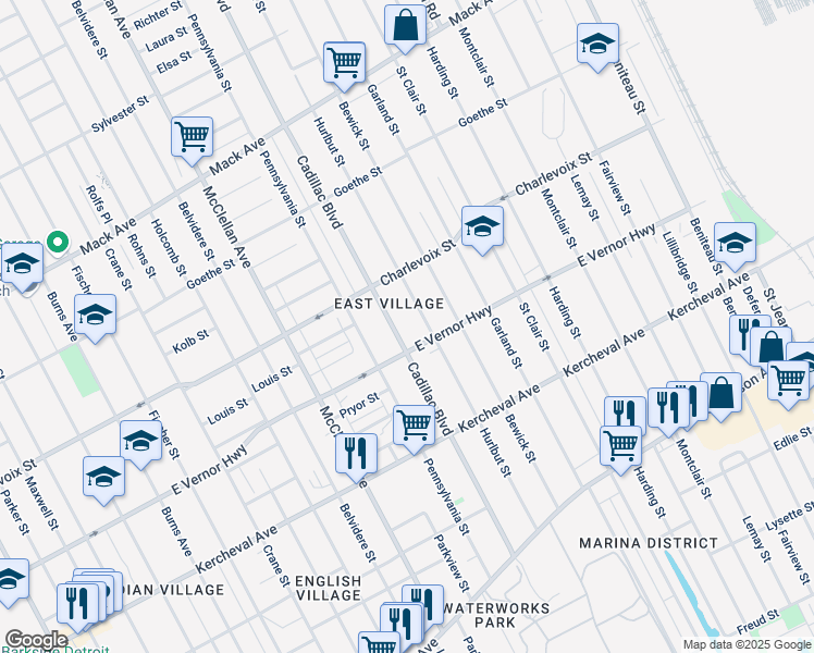 map of restaurants, bars, coffee shops, grocery stores, and more near 2532 Cadillac Boulevard in Detroit
