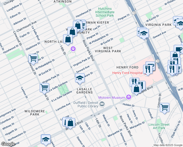 map of restaurants, bars, coffee shops, grocery stores, and more near 1985 Delaware Street in Detroit