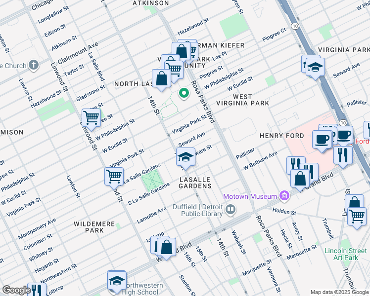 map of restaurants, bars, coffee shops, grocery stores, and more near 2052 Delaware Street in Detroit