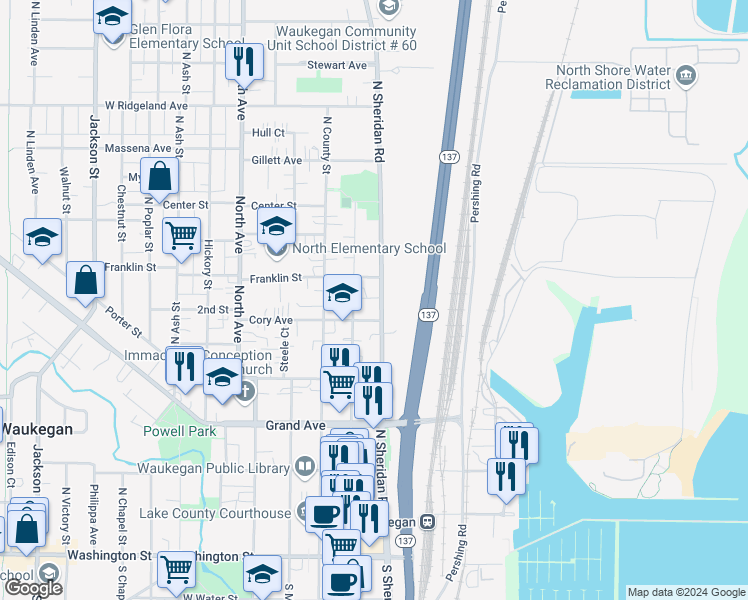 map of restaurants, bars, coffee shops, grocery stores, and more near 525 South Genesee Street in Waukegan