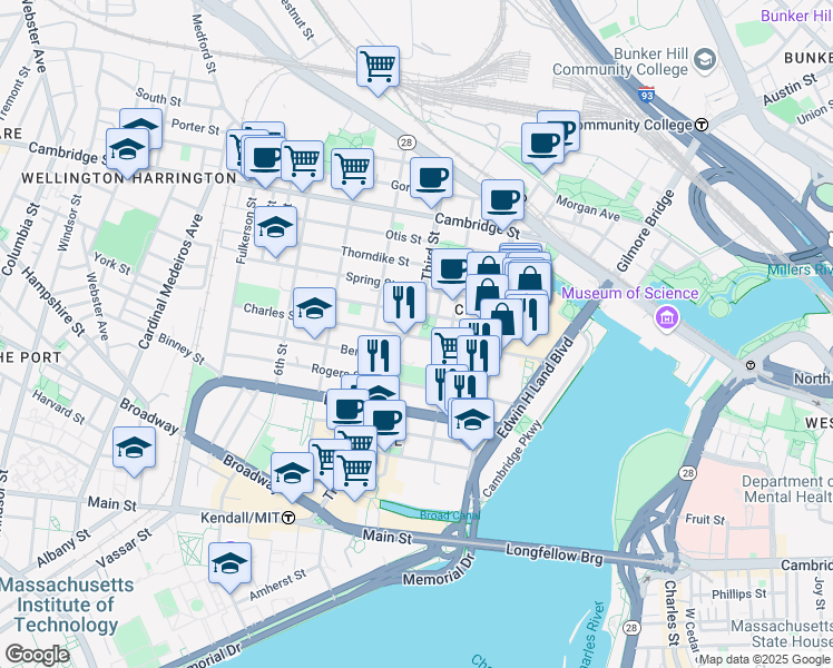 map of restaurants, bars, coffee shops, grocery stores, and more near 91 Charles Street in Cambridge
