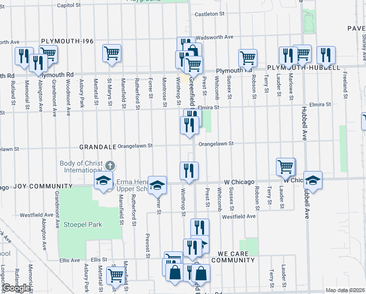 map of restaurants, bars, coffee shops, grocery stores, and more near 9660 Winthrop Street in Detroit