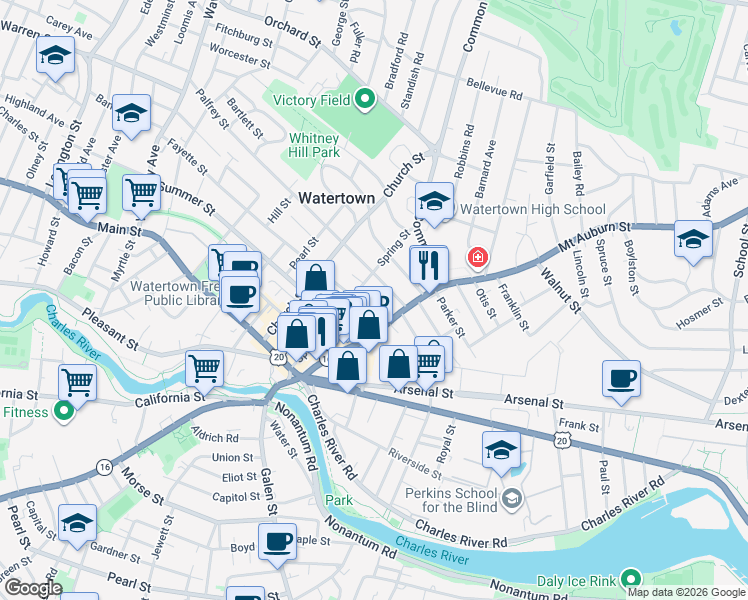 map of restaurants, bars, coffee shops, grocery stores, and more near 93 Spring Street in Watertown