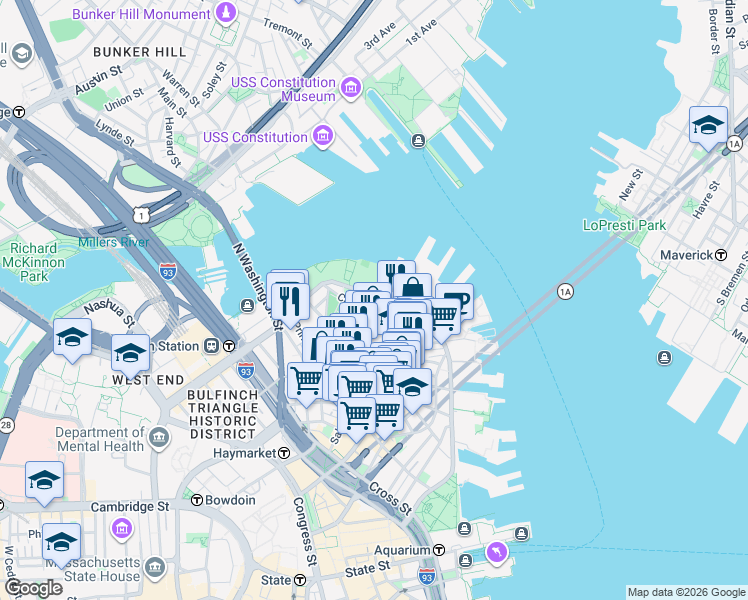 map of restaurants, bars, coffee shops, grocery stores, and more near 501 Commercial Street in Boston