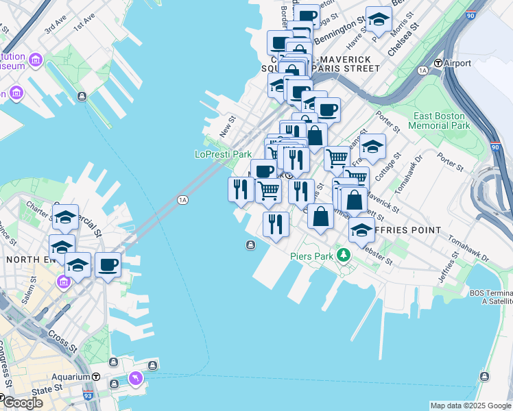 map of restaurants, bars, coffee shops, grocery stores, and more near 55 Lewis Street in Boston