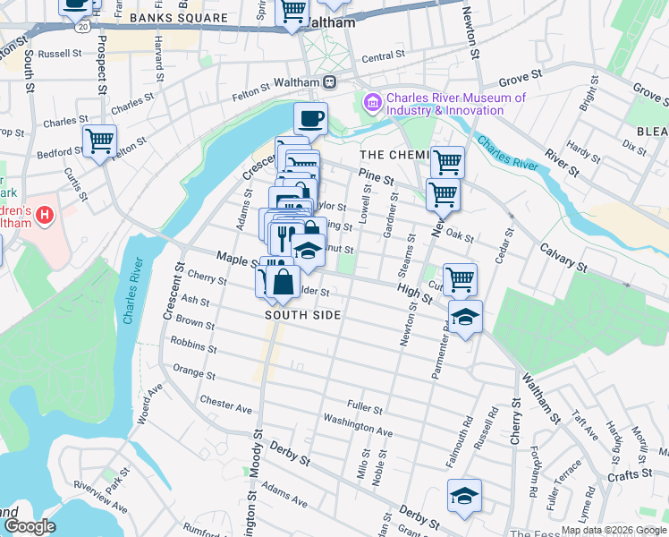 map of restaurants, bars, coffee shops, grocery stores, and more near 53 High Street in Waltham