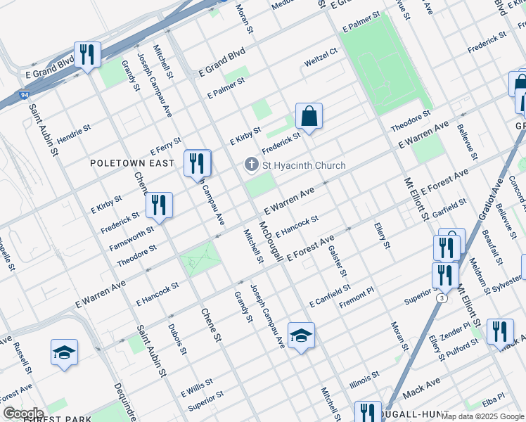 map of restaurants, bars, coffee shops, grocery stores, and more near 4868 McDougall Street in Detroit