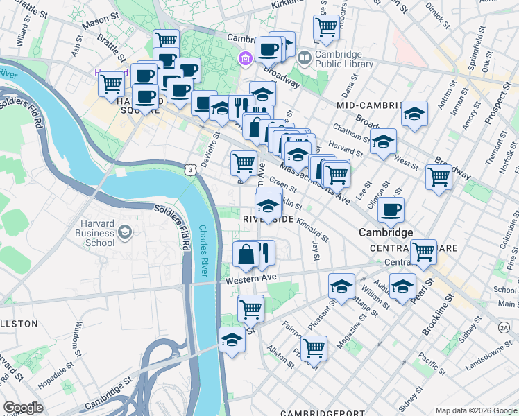 map of restaurants, bars, coffee shops, grocery stores, and more near Putnam Avenue & Flagg Street in Cambridge