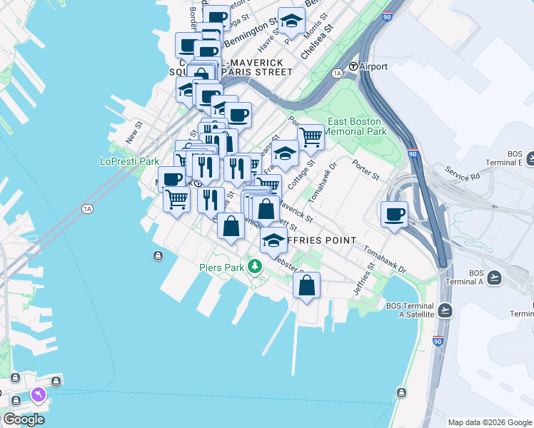 map of restaurants, bars, coffee shops, grocery stores, and more near 68 Cottage Street in Boston