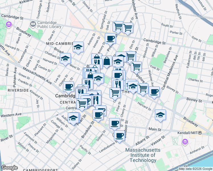 map of restaurants, bars, coffee shops, grocery stores, and more near 135 Norfolk Street in Cambridge