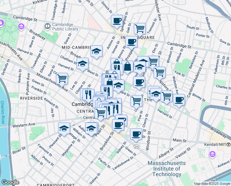 map of restaurants, bars, coffee shops, grocery stores, and more near 55 Essex Street in Cambridge