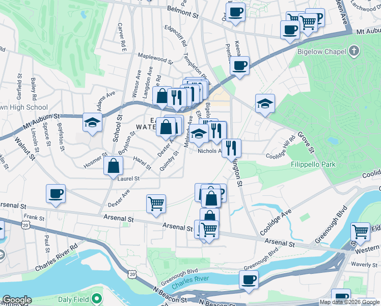 map of restaurants, bars, coffee shops, grocery stores, and more near 87 Melendy Avenue in Watertown