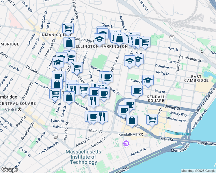 map of restaurants, bars, coffee shops, grocery stores, and more near 399 Binney Street in Cambridge