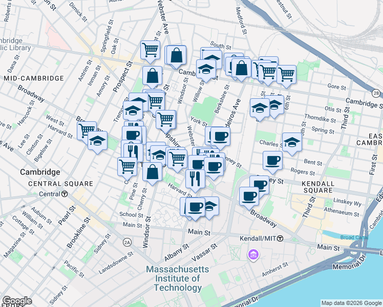 map of restaurants, bars, coffee shops, grocery stores, and more near 33 Webster Avenue in Cambridge