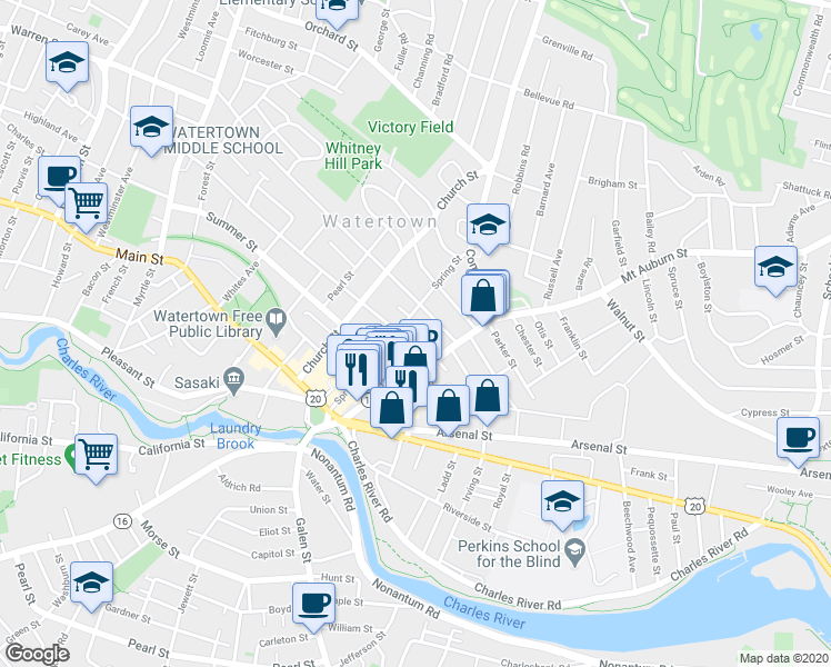 map of restaurants, bars, coffee shops, grocery stores, and more near 91 Spring Street in Watertown