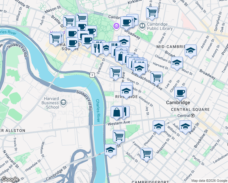 map of restaurants, bars, coffee shops, grocery stores, and more near Banks St & Flagg St in Cambridge