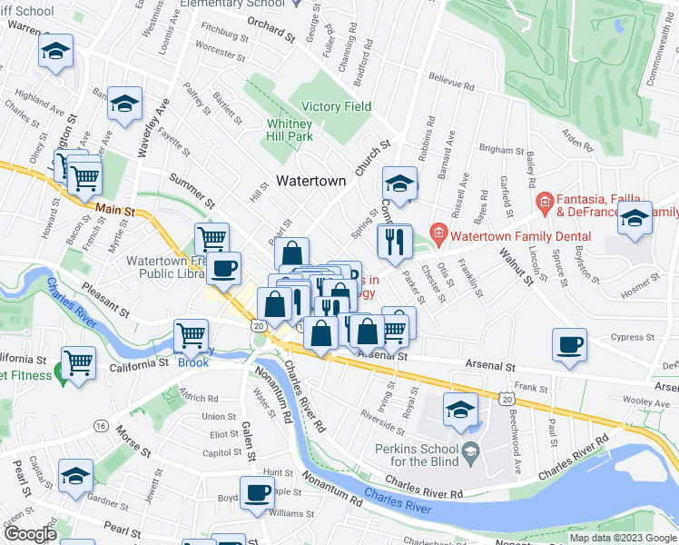 map of restaurants, bars, coffee shops, grocery stores, and more near 93 Spring Street in Watertown