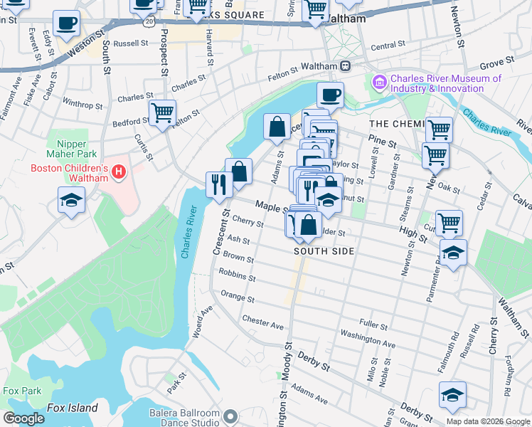 map of restaurants, bars, coffee shops, grocery stores, and more near 107 Adams Street in Waltham