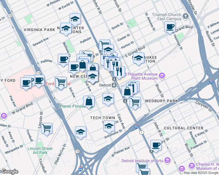map of restaurants, bars, coffee shops, grocery stores, and more near 401 West Baltimore Street in Detroit