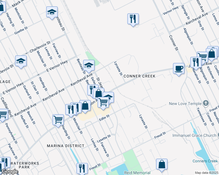 map of restaurants, bars, coffee shops, grocery stores, and more near 11411 East Jefferson Avenue in Detroit