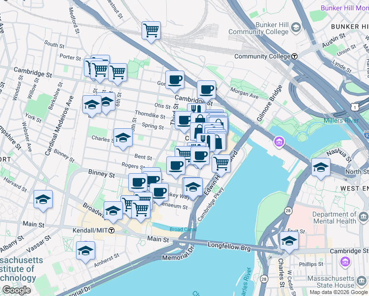 map of restaurants, bars, coffee shops, grocery stores, and more near in Cambridge