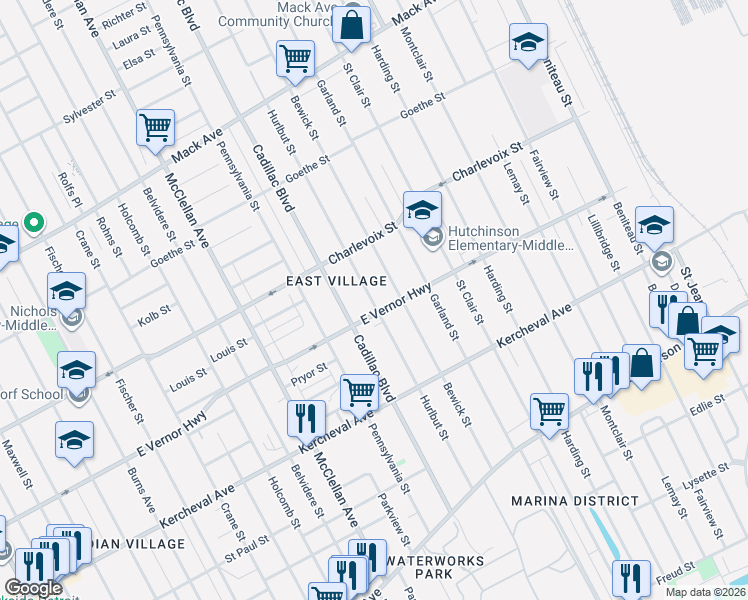 map of restaurants, bars, coffee shops, grocery stores, and more near 2280 Hurlbut Street in Detroit
