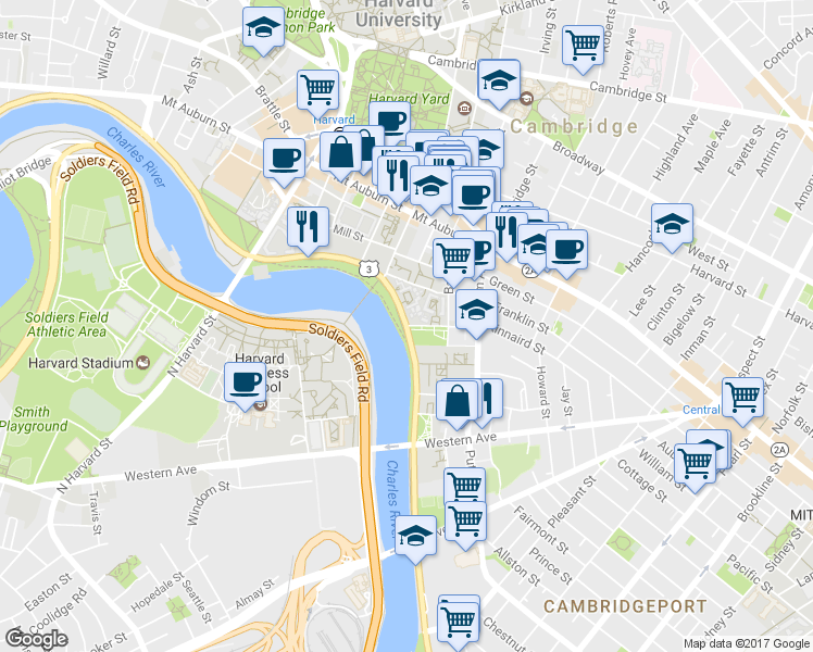 map of restaurants, bars, coffee shops, grocery stores, and more near Memorial Dr & Flagg St in Cambridge