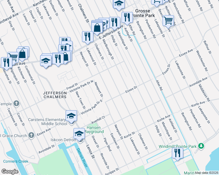 map of restaurants, bars, coffee shops, grocery stores, and more near 564 Lakewood Street in Detroit
