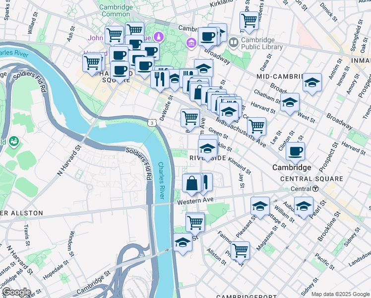map of restaurants, bars, coffee shops, grocery stores, and more near 45 Flagg Street in Cambridge
