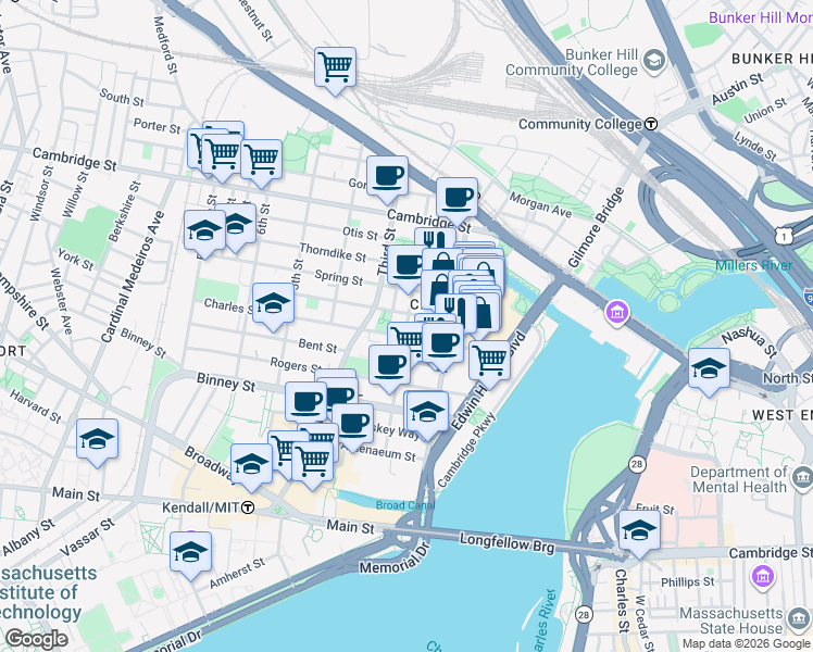 map of restaurants, bars, coffee shops, grocery stores, and more near 2nd Street in Cambridge