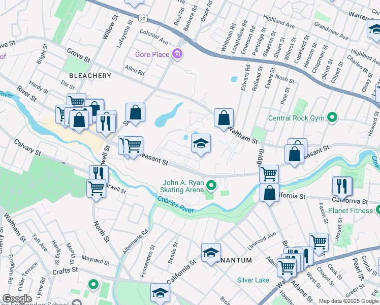 map of restaurants, bars, coffee shops, grocery stores, and more near 1 Repton Place in Watertown