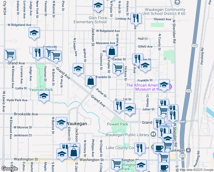 map of restaurants, bars, coffee shops, grocery stores, and more near 510 North Poplar Street in Waukegan