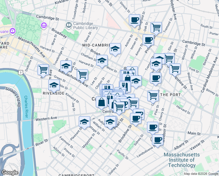 map of restaurants, bars, coffee shops, grocery stores, and more near 151 Bishop Allen Drive in Cambridge