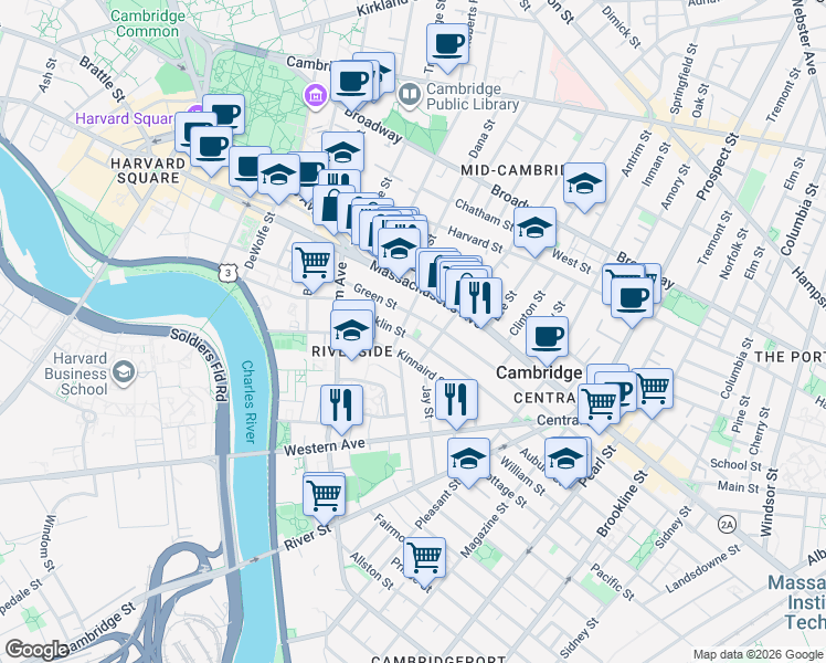 map of restaurants, bars, coffee shops, grocery stores, and more near 488 Franklin Street in Cambridge