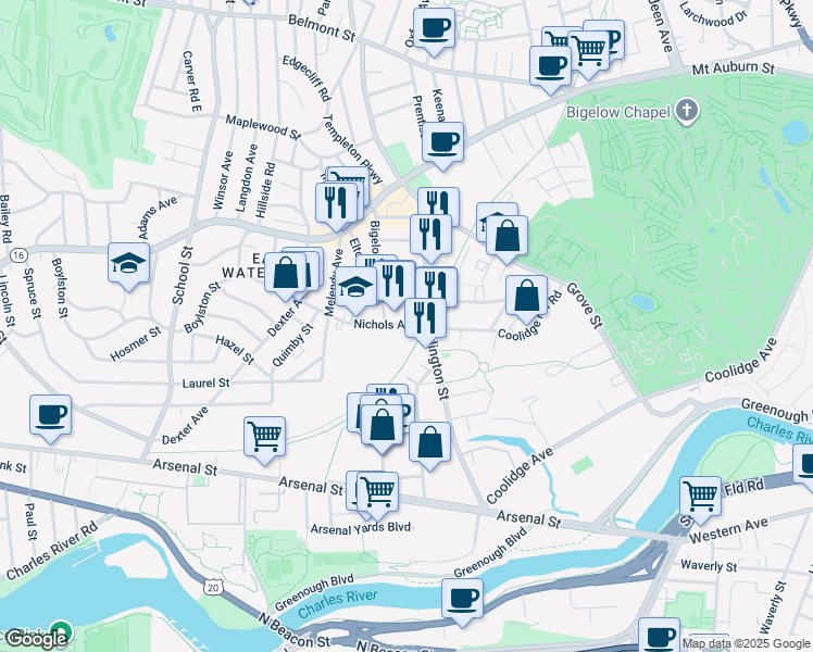 map of restaurants, bars, coffee shops, grocery stores, and more near 22 Nichols Avenue in Watertown