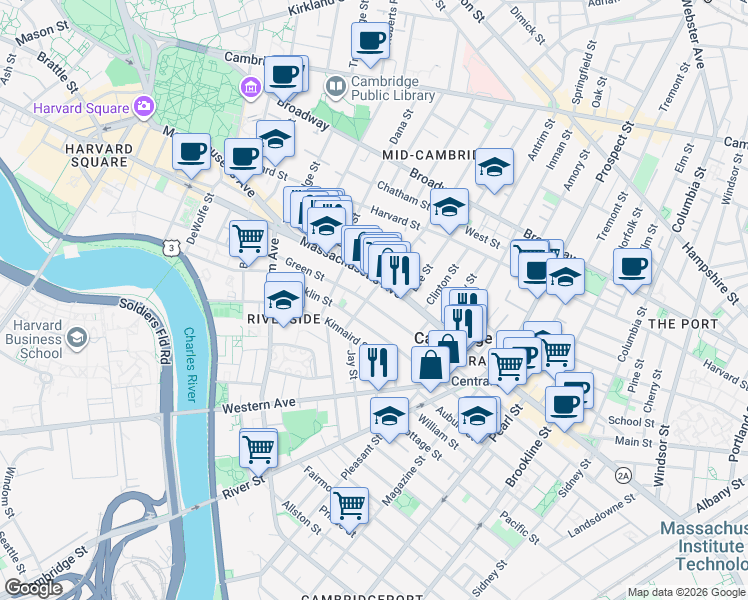 map of restaurants, bars, coffee shops, grocery stores, and more near 512 Green Street in Cambridge