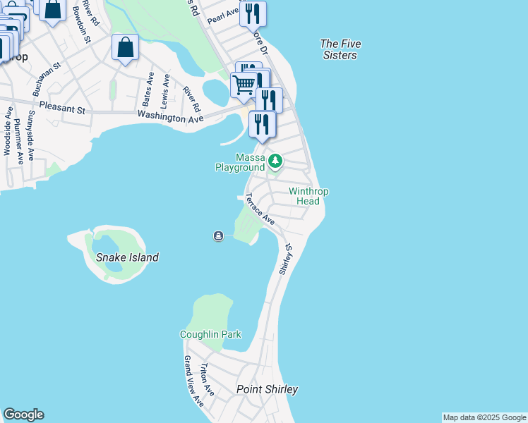 map of restaurants, bars, coffee shops, grocery stores, and more near 711 Shirley Street in Winthrop