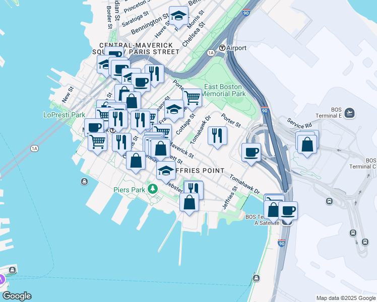 map of restaurants, bars, coffee shops, grocery stores, and more near 296 Maverick Street in Boston