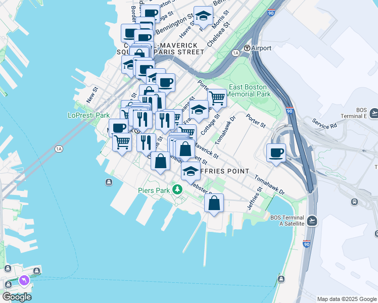 map of restaurants, bars, coffee shops, grocery stores, and more near 68 Cottage Street in Boston