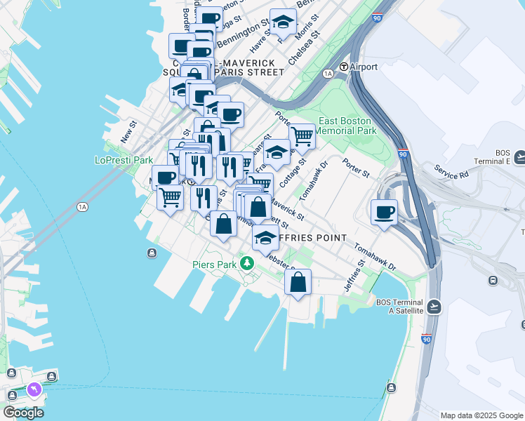 map of restaurants, bars, coffee shops, grocery stores, and more near 68 Cottage Street in Boston