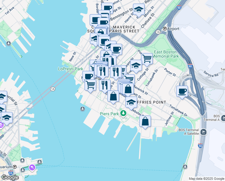 map of restaurants, bars, coffee shops, grocery stores, and more near 16 Cottage Street in Boston