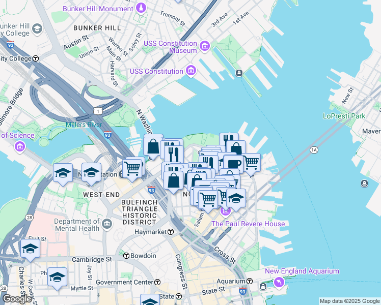 map of restaurants, bars, coffee shops, grocery stores, and more near 50 Snow Hill Street in Boston