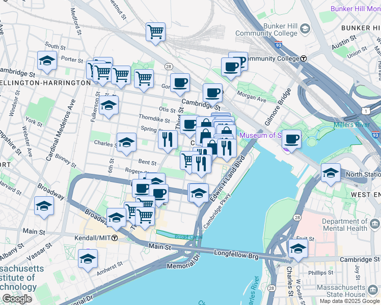 map of restaurants, bars, coffee shops, grocery stores, and more near 110 Second Street in Cambridge