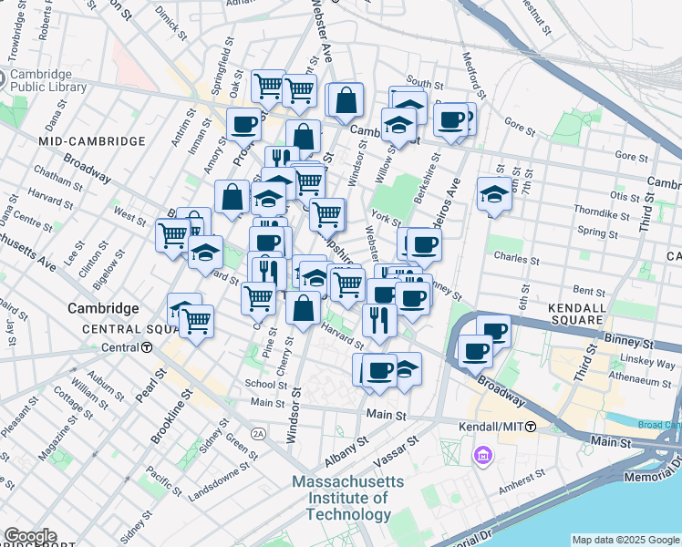 map of restaurants, bars, coffee shops, grocery stores, and more near 86 Bristol Street in Cambridge