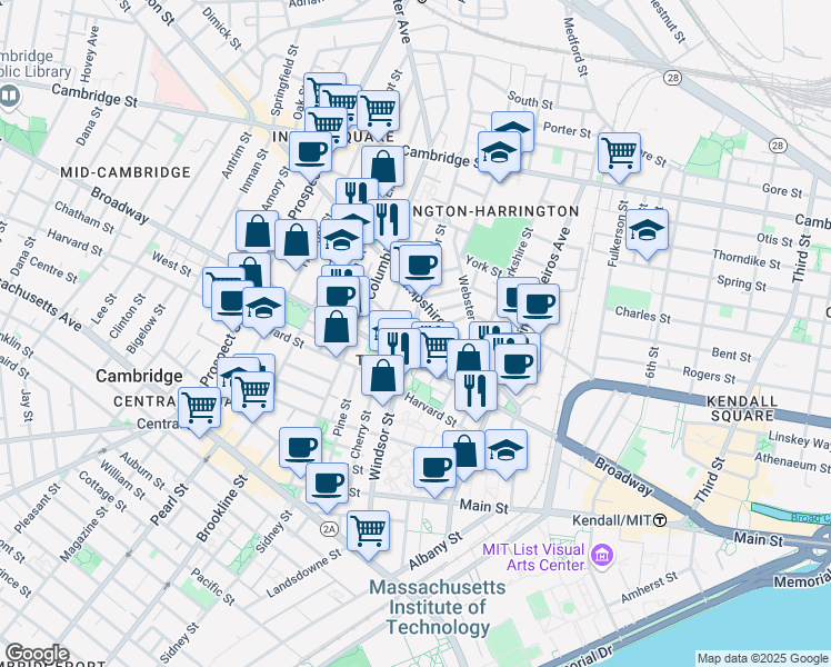 map of restaurants, bars, coffee shops, grocery stores, and more near in Cambridge