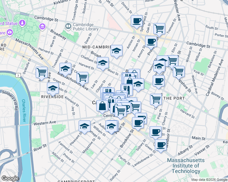 map of restaurants, bars, coffee shops, grocery stores, and more near 151 Bishop Allen Drive in Cambridge