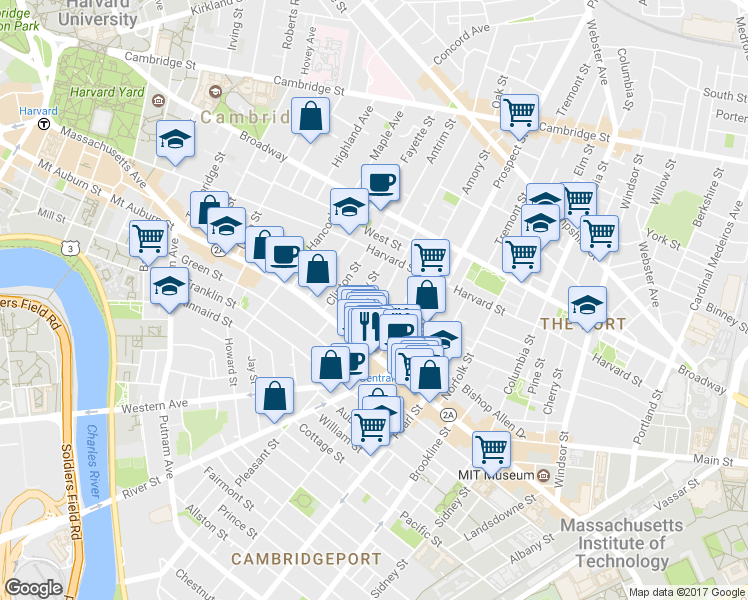 map of restaurants, bars, coffee shops, grocery stores, and more near 151 Bishop Allen Drive in Cambridge