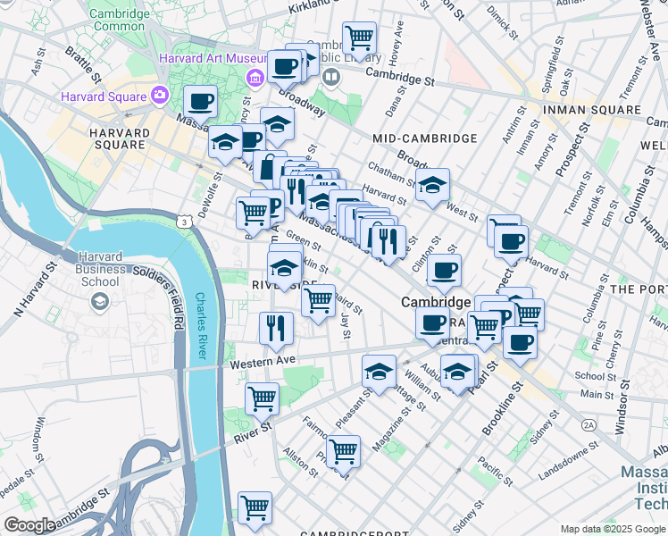 map of restaurants, bars, coffee shops, grocery stores, and more near 488 Franklin Street in Cambridge