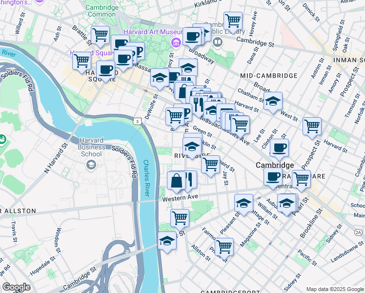 map of restaurants, bars, coffee shops, grocery stores, and more near 81 Putnam Avenue in Cambridge